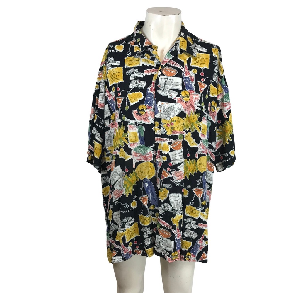 Tori Richard Mens 3XL Black Cocktail Recipe Print Viscose Hawaiian Aloha Shirt